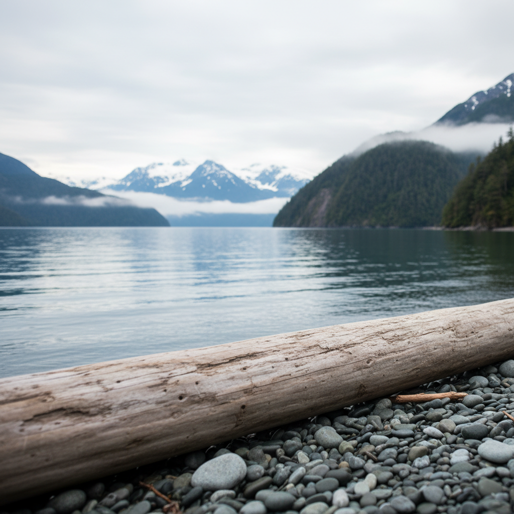 A tranquil shoreline along Alaska’s Inside Passage, with a smooth, weathered driftwood log resting on rounded gray pebbles in the foreground. Mist-softened evergreen-covered cliffs rise from calm steel-blue water, and distant snowcapped peaks peek through breaks in low clouds. Soft overcast light creates a gentle, even illumination with muted reflections shimmering on the surface. Photographic realism, captured from a low, three-quarters angle, focusing on the textures of driftwood and stones while the background recedes into a delicate bokeh. The mood is serene and refined, evoking quiet moments of travel and reflection along remote coastal routes, with a clean, understated composition using the rule of thirds.