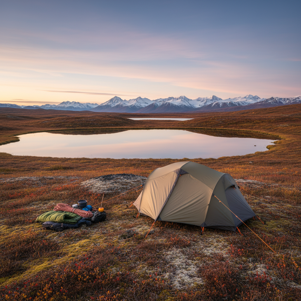 A remote Arctic tundra campsite in Alaska at the edge of autumn, featuring a single low-profile, expedition-quality tent in muted earth tones, anchored securely on a patch of dry moss and lichen. Nearby, a compact, neatly arranged set of ultralight gear rests beside a shallow, mirror-still pond that reflects streaks of pastel pink and pale gold from the midnight sun. Distant rolling hills and a faint line of snowy peaks stretch across the horizon. The lighting is delicate and almost horizontal, casting long, refined shadows with a soft, golden rim around the tent. Photographic realism, composed with a wide lens at ground level, creating depth and an elegant, contemplative mood that highlights solitary, sophisticated travel in Alaska’s far north.