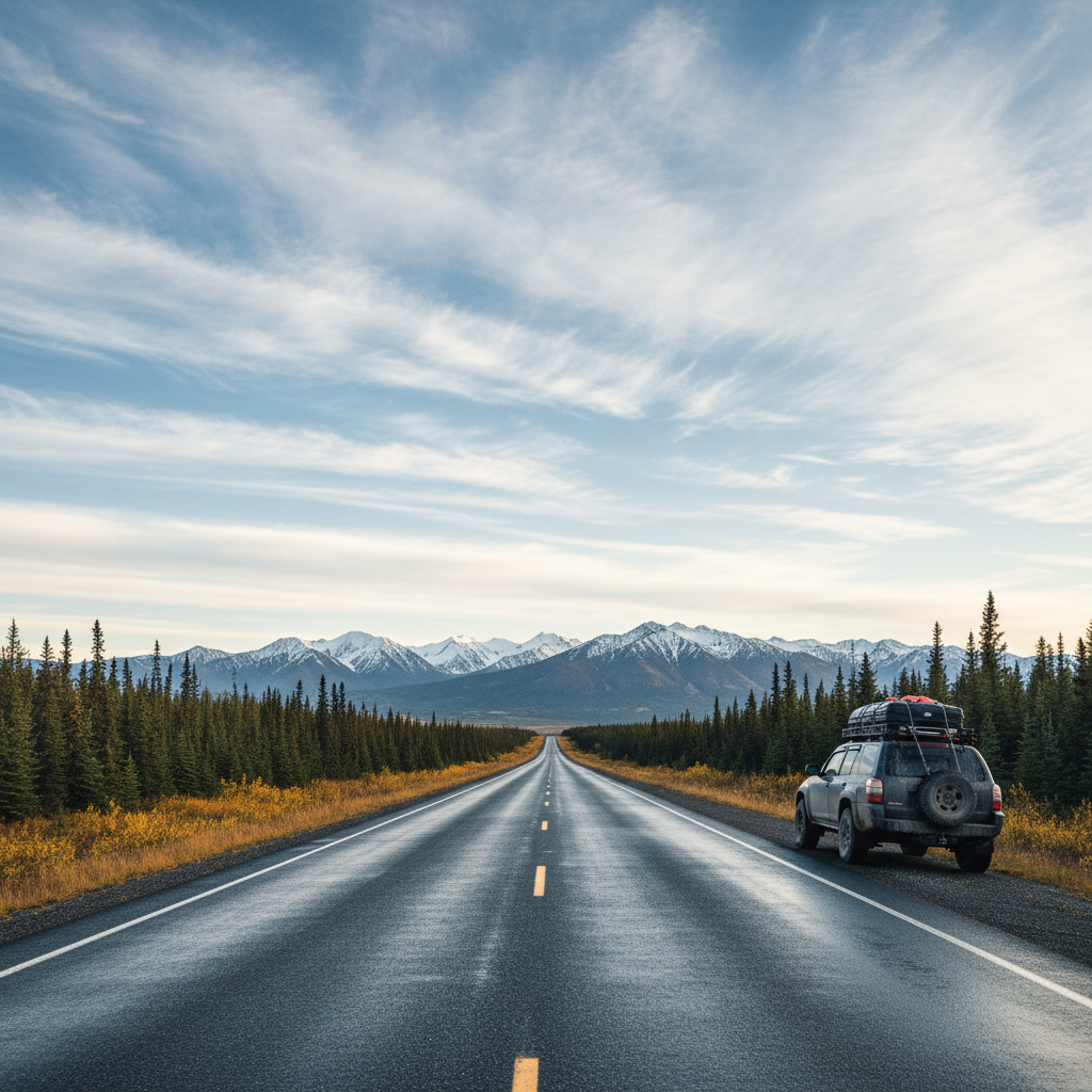 A sweeping Alaska highway disappearing into the distance, the asphalt dark and slightly wet, flanked by low golden tundra and stands of deep green spruce. In the background, snow-streaked mountains rise under a vast sky layered with high, delicate clouds. Soft late-afternoon light bathes the scene in a gentle, cool glow, catching metallic highlights on a parked, mud-dusted SUV at the edge of the frame, loaded with a roof box and gear. Photographic realism, shot from a low, centered perspective directly on the road surface, emphasizing depth and the feeling of heading north. The mood is contemplative and sophisticated, with crisp detail throughout and a subtle, cinematic wide-angle composition.