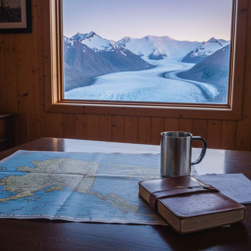 The interior of a cozy, wood-paneled Alaskan cabin set beside a glacier valley, seen through a large picture window. On a solid, dark-stained table lies a detailed paper map of Alaska, a well-worn leather-bound travel journal, and a stainless-steel insulated mug with faint condensation. Beyond the glass, a vast blue-white glacier snakes between rugged mountains under a pale evening sky. Cool natural light spills in, creating soft highlights on the mug and journal, with deeper shadows in the corners of the room. Photographic realism, shot at eye level with shallow depth of field, foreground objects in crisp focus, landscape subtly blurred. The mood is introspective and sophisticated, suggesting careful planning and storytelling from the road.