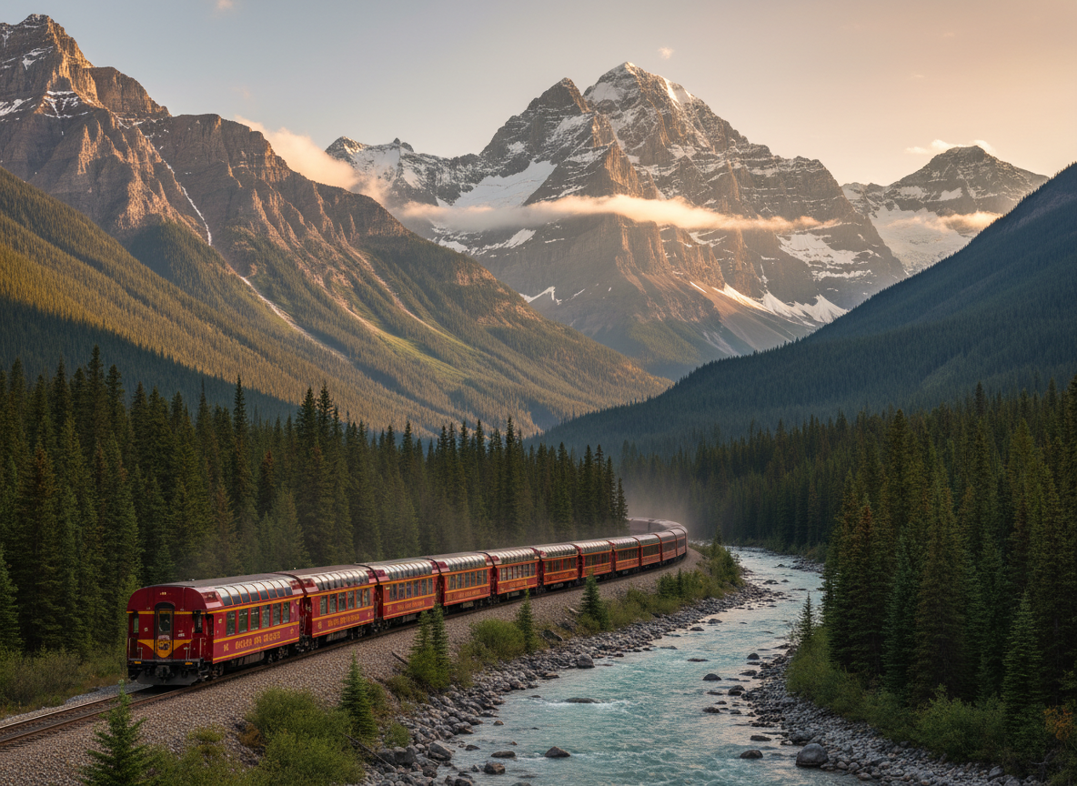A passenger train crossing the Canadian Rockies, winding through a dramatic mountain valley. Snow-capped peaks in the background, dense pine forests on the slopes, a river running alongside the tracks. Golden afternoon light, wide cinematic shot, photorealistic.