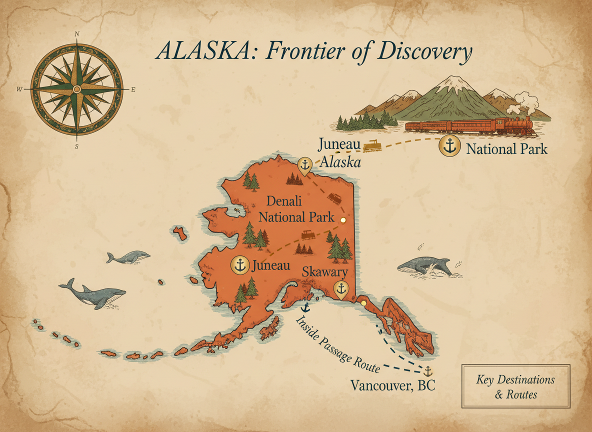 Illustrated vintage-style travel map of Alaska showing the Inside Passage cruise route from Vancouver to key ports including Juneau and Skagway, and the interior route to Denali National Park. Warm earth tones with hand-drawn aesthetic, decorative compass rose, route lines, and location markers. Sophisticated travel map design with elegant typography labeling key destinations. Warm vintage palette with terracotta, gold, and deep green tones.